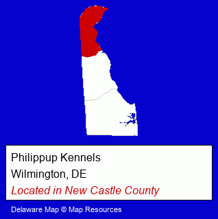 Delaware counties map, showing the general location of Philippup Kennels