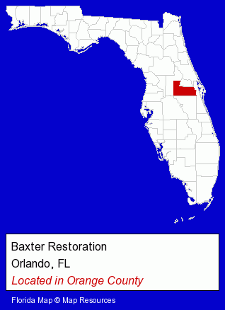 Florida counties map, showing the general location of Baxter Restoration