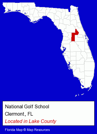 Florida counties map, showing the general location of National Golf School