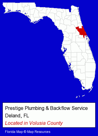 Florida counties map, showing the general location of Prestige Plumbing & Backflow Service