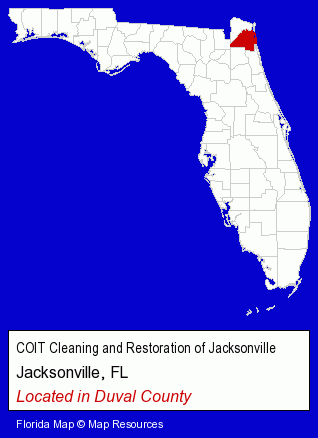 Florida counties map, showing the general location of COIT Cleaning and Restoration of Jacksonville