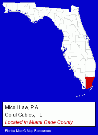 Florida counties map, showing the general location of Miceli Law, P.A.