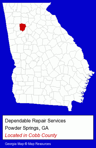 Georgia counties map, showing the general location of Dependable Repair Services