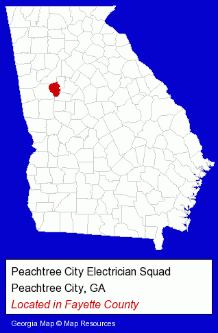 Georgia counties map, showing the general location of Peachtree City Electrician Squad