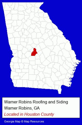 Georgia counties map, showing the general location of Warner Robins Roofing and Siding