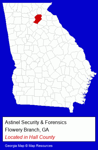Georgia counties map, showing the general location of Astinel Security & Forensics