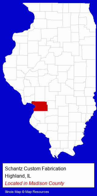Illinois counties map, showing the general location of Schantz Custom Fabrication
