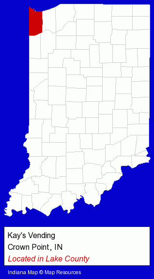 Indiana counties map, showing the general location of Kay's Vending
