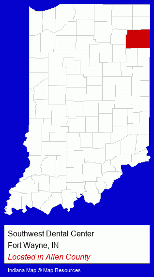 Indiana counties map, showing the general location of Southwest Dental Center