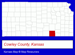 Kansas map, showing the general location of Cowley County Community College