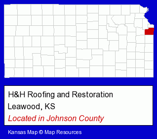 Kansas counties map, showing the general location of H&H Roofing and Restoration