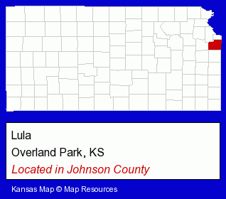 Kansas counties map, showing the general location of Lula