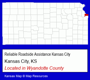 Kansas counties map, showing the general location of Reliable Roadside Assistance Kansas City