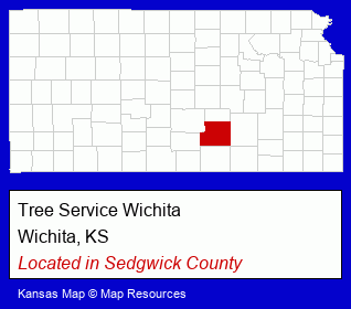 Kansas counties map, showing the general location of Tree Service Wichita