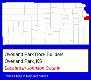 Kansas counties map, showing the general location of Overland Park Deck Builders