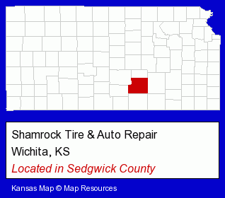 Kansas counties map, showing the general location of Shamrock Tire & Auto Repair