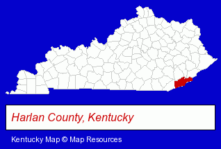 Kentucky map, showing the general location of Harlan County School District