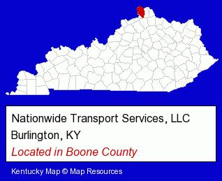Kentucky counties map, showing the general location of Nationwide Transport Services, LLC