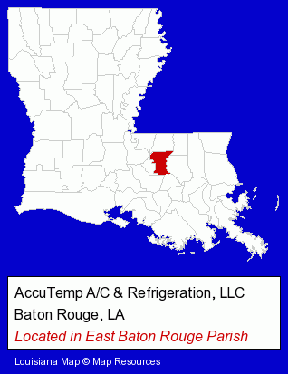 Louisiana counties map, showing the general location of AccuTemp A/C & Refrigeration, LLC
