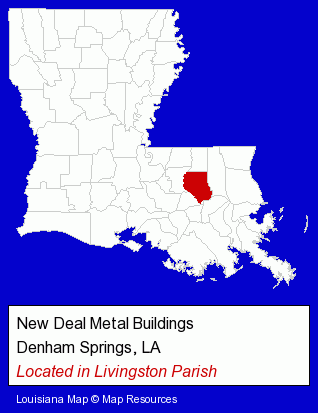 Louisiana counties map, showing the general location of New Deal Metal Buildings