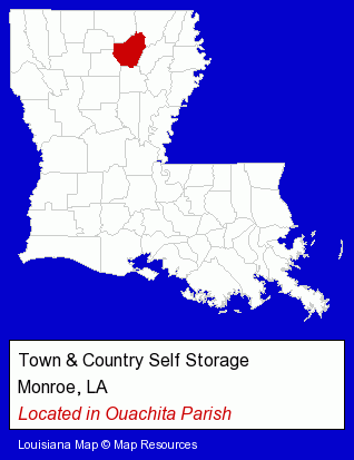 Louisiana counties map, showing the general location of Town & Country Self Storage