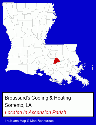 Louisiana counties map, showing the general location of Broussard's Cooling & Heating