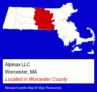 Massachusetts counties map, showing the general location of Alpinax LLC