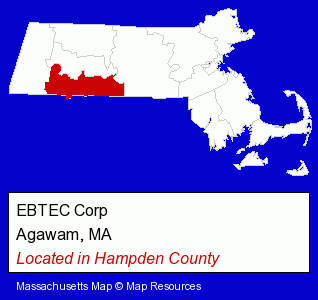 Massachusetts counties map, showing the general location of EBTEC Corp