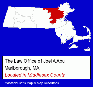 Massachusetts counties map, showing the general location of The Law Office of Joel A Abu