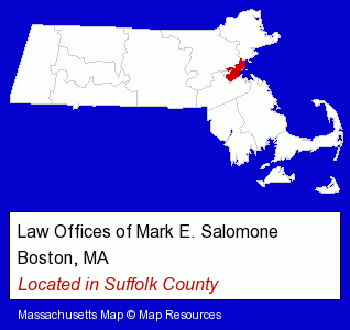 Massachusetts counties map, showing the general location of Law Offices of Mark E. Salomone