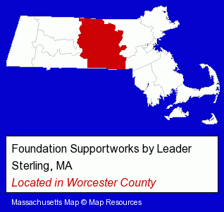 Massachusetts counties map, showing the general location of Foundation Supportworks by Leader