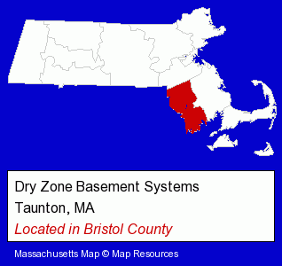 Massachusetts counties map, showing the general location of Dry Zone Basement Systems