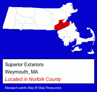 Massachusetts counties map, showing the general location of Superior Exteriors