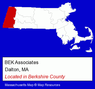 Massachusetts counties map, showing the general location of BEK Associates
