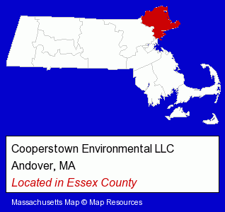 Massachusetts counties map, showing the general location of Cooperstown Environmental LLC