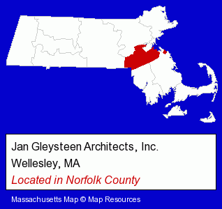 Massachusetts counties map, showing the general location of Jan Gleysteen Architects, Inc.