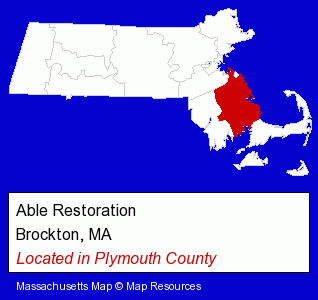 Massachusetts counties map, showing the general location of Able Restoration