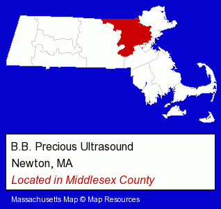 Massachusetts counties map, showing the general location of B.B. Precious Ultrasound