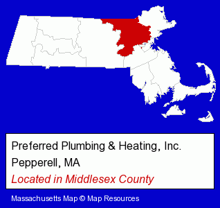 Massachusetts counties map, showing the general location of Preferred Plumbing & Heating, Inc.
