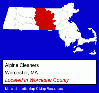 Massachusetts counties map, showing the general location of Alpine Cleaners