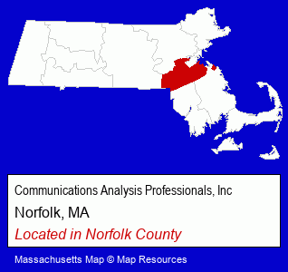 Massachusetts counties map, showing the general location of Communications Analysis Professionals, Inc