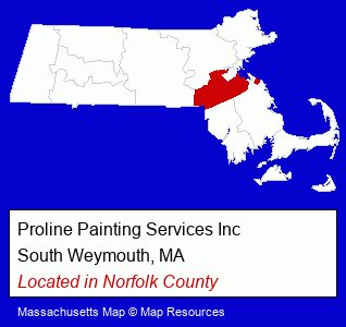 Massachusetts counties map, showing the general location of Proline Painting Services Inc