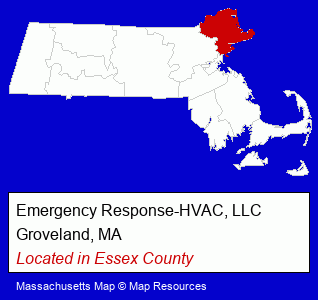 Massachusetts counties map, showing the general location of Emergency Response-HVAC, LLC