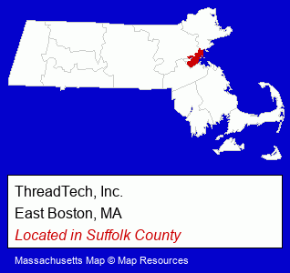 Massachusetts counties map, showing the general location of ThreadTech, Inc.