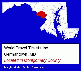 Maryland counties map, showing the general location of World Travel Tickets Inc