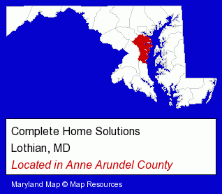 Maryland counties map, showing the general location of Complete Home Solutions