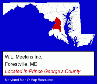 Maryland counties map, showing the general location of W.L. Meekins Inc.