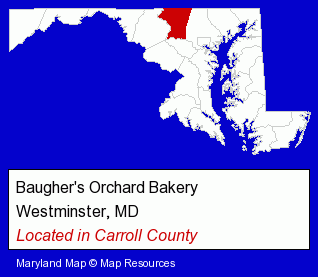 Maryland counties map, showing the general location of Baugher's Orchard Bakery