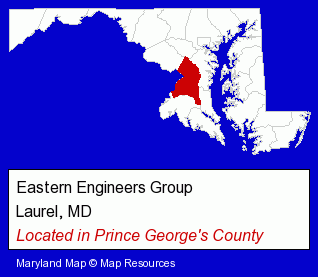 Maryland counties map, showing the general location of Eastern Engineers Group