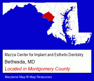 Maryland counties map, showing the general location of Mazza Center for Implant and Esthetic Dentistry